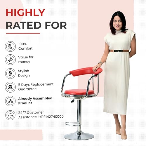 Image of Classic Height Adjustable and Revolving Bar Stool Kitchen Chair Reception Chair (2, Red)