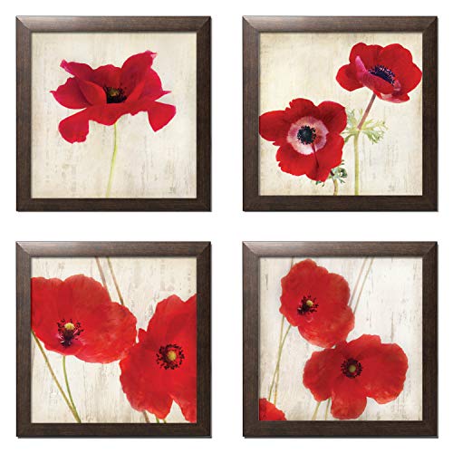Gango Home Decor Beautiful Bright Red California Poppies; Four 12X12-Inch Framed Fine Art Prints; Ready To Hang! #TOP12