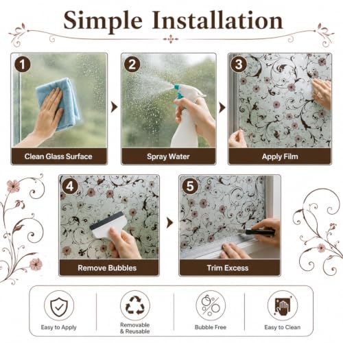 Image of Self Adhesive Window Privacy Film for Glass Windows & Doors | UV Blocking, Heat & Glare Reduction | Decorative Frosted Glass Film Easy to Apply (Antique Floral Swirl Pattern, 12X26 Inch)