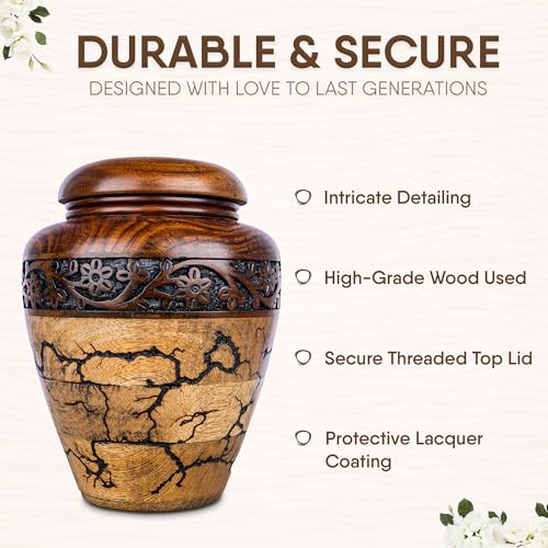 Image of Cremation Urn for Human Ashes Adult Male or Female, Wooden Urn, Hand Carved Memorial, Large Adult Urn, Burial Urn, Wood Turned Casket for Men Women, Funeral Urn for Ashes (Large 200 Cu /in)