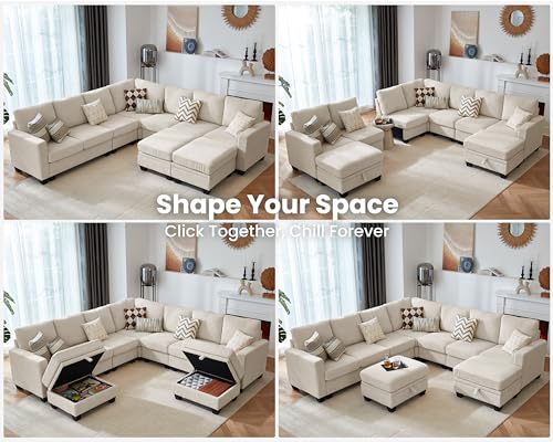 Image of CHIC HOUSE Modular Corner Sectional Sofa with Storage Ottoman, Corduroy L-Shaped Couch, Compact Small Space Furniture for Living Room & Apartment, (Beige, 9 Seater L-Shaped)