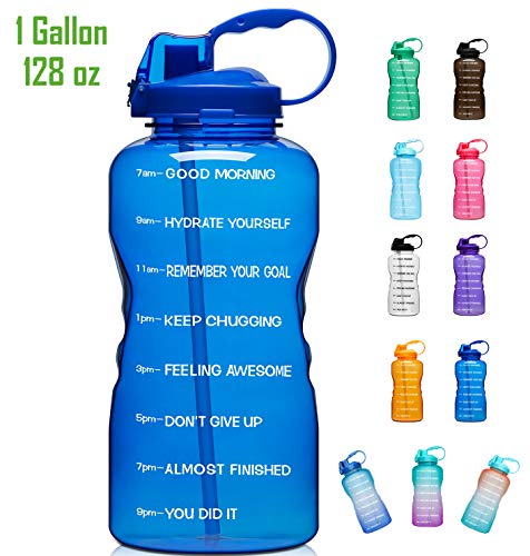 Giotto Large 1 Gallon/128oz Motivational Water Bottle with Time Marker & Straw, Leakproof