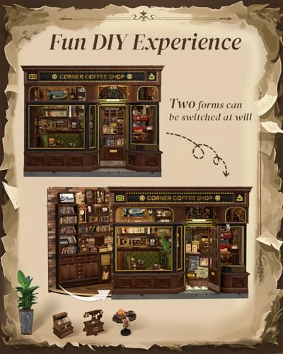 cutefun book nook kit - diy miniature doll house kit book nook kits for adults 3d wooden puzzle bookend bookshelf with led light for cafe crafts lovers corner coffee shop