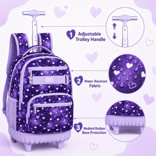 Image of 3Pcs Rolling Backpack for Girls, 19 inch Kids Wheeled Bookbag with Lunch Box, Roller Bag for Elementary Travel (Purple)