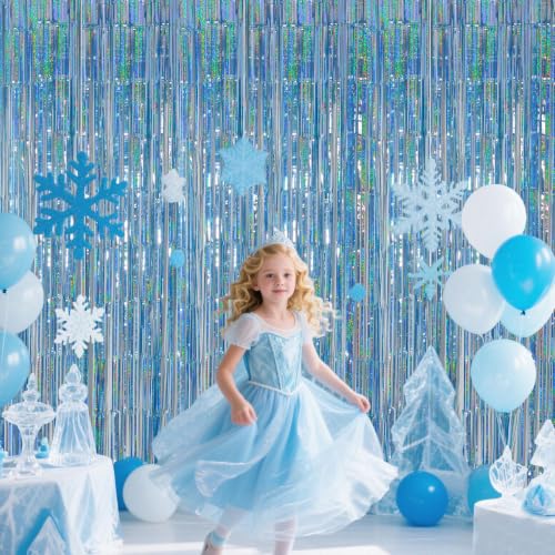 Image of Light Blue Metallic Streamer Backdrop with Glitter Tinsel,3.28 x 6.56ft Foil Fringe Curtains for Gender Reveal & Ocean Theme Wall Hanging Party Supplies, Birthday /Wedding /Photoshoot