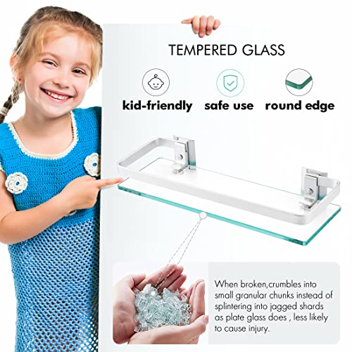 Kes Glass Bathroom Shelf, Glass Shelving For Wall Bathroom Shelf With Bar Corner Shelf Rack Rectangular Wall Mounted Rustproof Sand Sprayed Aluminum Silver, A4126A+A4127A #TOP4