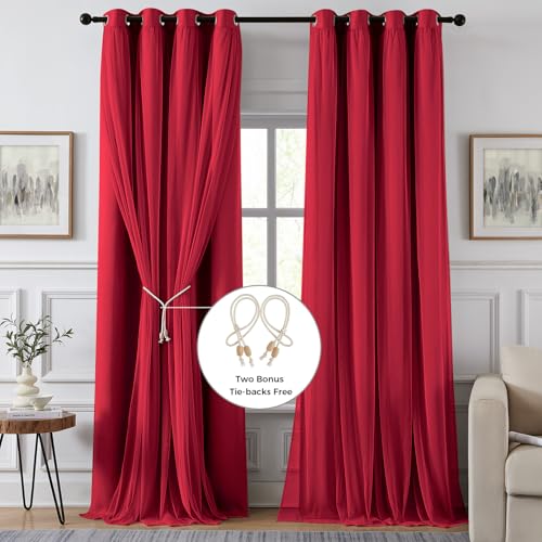 Image of 100% Blackout Curtains for Bedroom, Double Layer Red Curtains, Black Out Curtain 63 inch Long with Sheer Overlay for Living Room, Room Darkening Window Drapes with Grommet, 52 inch W x 63 inch L