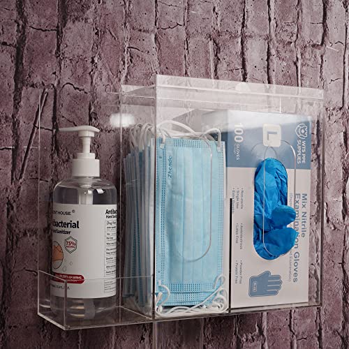 Seanado Face Mask Dispenser 3 Compartment Acrylic Glove Box Holder Hygiene Station For Disposable Face Masks, Emesis Bag, Shoe Cover And Hairnet, Wall Mount Holes Or Tabletop Holder （Clear） #TOP4
