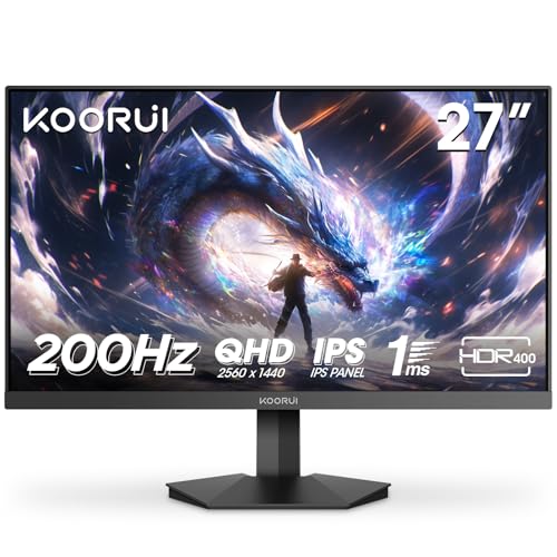 KOORUI 27 Pollici Gaming Monitor, QHD 200Hz 1ms Fast IPS | HDR 400 Adapitive Sync Compatibile, 95% DCI-P3 | HDMI 2.0/DP 1.4 Eye Care Montaggio a parete VESA
