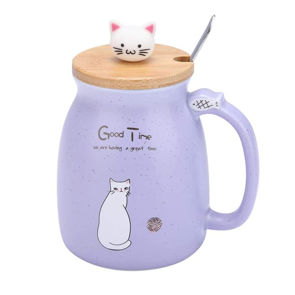 HwaGuiCeramic Water Tea Cup Cute Cat Cup Milk Mug Gift 420 ml (Purple)