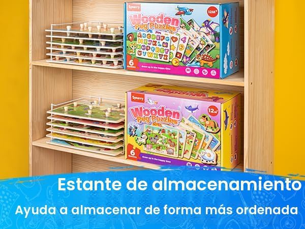 Miniatura 9 de SYNARRY Rompecabezas de madera para niños pequeños de 1 a 3 años, 6 rompecabezas para niños pequeños de 2 a 4 años con estante, vehículo de