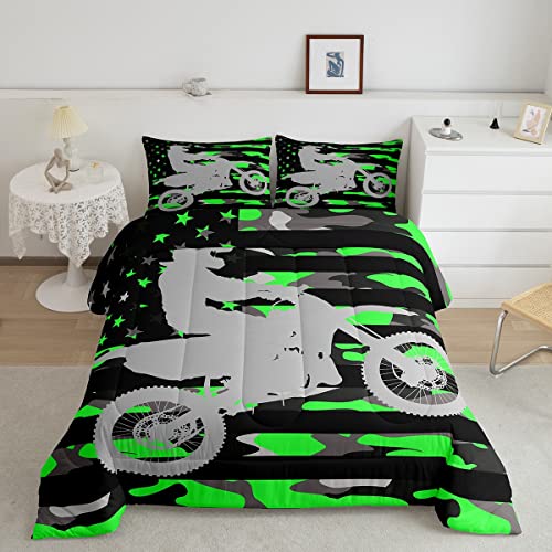 Fluorescent Green Camo Comforter Set Dirt Bike Bedding Set for Kids Boys Extreme Sports Comforter Camouflage Racing Motocross Rider Duvet Set Room Decor Quilt Set Full Size