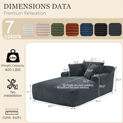 Image of 80 Inch Chaise Lounge Chair Indoor, Oversized Corduroy Upholstered Boneless Sofa Bed, Deep Seat Sleeper Couch Reading Chairs, Cloud Sofas Couches for Living Room, No Assembly Required (Dark Grey)