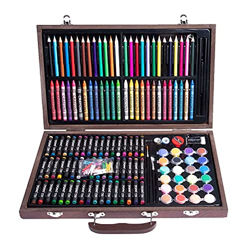 GRANDAN 145 Pieces Deluxe Art Set in Portable Wooden Box Drawing Kit Set with Oil Pastels, Crayons, Colored Pencils, Watercolor Cakes, Brushes, Wooden Case Art Supplies for Teen and Adult (Wooden)