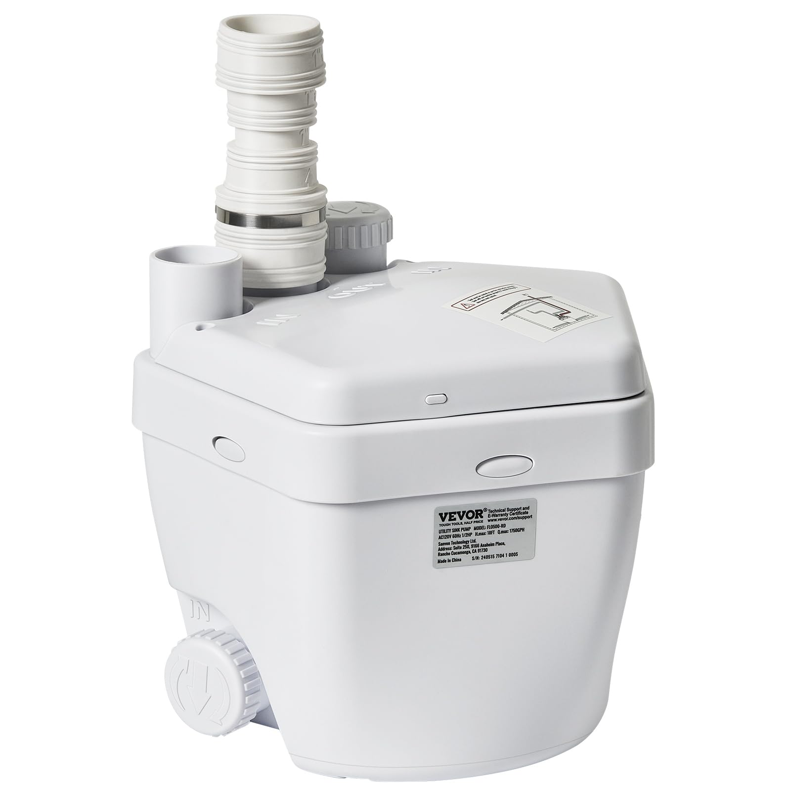 VEVOR 1/3 HP 120-Volt 1750 GPH Flow 18 ft Head Under-Sink Sump Pump System with Copper Wire Motor, Heavy-Duty Utility/Laundry Drain Pump, White
