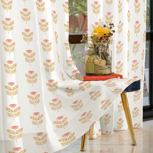 Image of Urban Space 100% Cotton Floral Curtains 7 Feet Long Set Of 2, 60-65% Room Darkening, Decorative Curtains With Eyelets /Rings For Hanging, Tieback Included (Amara Peach, Door - 7 Feet)