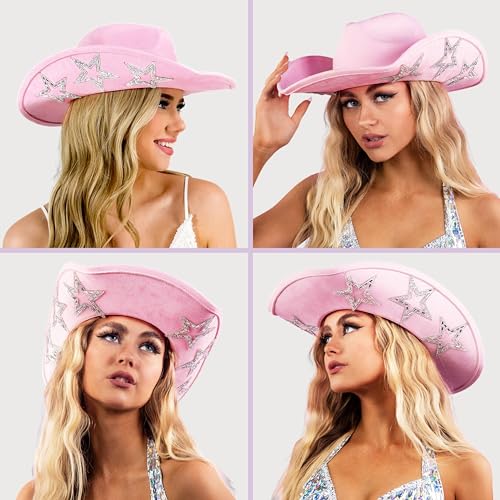 Image of Keilin Rhinestone Cowgirl Hat Disco Cowboy Hat Felt Western Nashville Bachelorette Party Hat for Teens and Adults