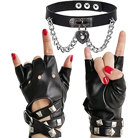 BOMJJOR Women Fingerless Gloves Choker Rivet PU Leather Gloves and Punk Rock Necklace Set Cover