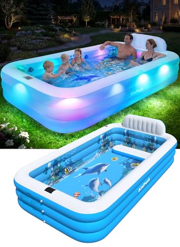 AixPool Extra Large Inflatable Pool with Lights,Upgraded Solar Powered Blow Up Pool for Adults,Inflatable Kids Swimming Pool with Seat& Backrest,Big Inflatable Kids Pool for Backyard,120x73x20IN