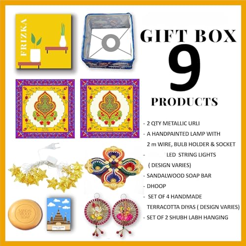 Image of Frizka Sparkle Gift Box 2025 | 9 Premium Products | Metallic Urli, Handpainted Lamp, Planter, Diyas, Decor & Wellness Essentials (Set of 9) | Birthday Gifts, Wedding Hamper, House Ceremony