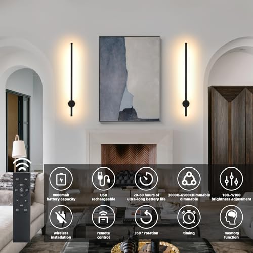 Image of LED Wireless Wall Sconce with Remote Control, Dimmable /350 Rotate /Timing /USB Rechargeable Battery Powered Indoor Wall Lamps, 23.6 inch Black Wall Lights Set of Two for Hallway, Living Room, Bedroom