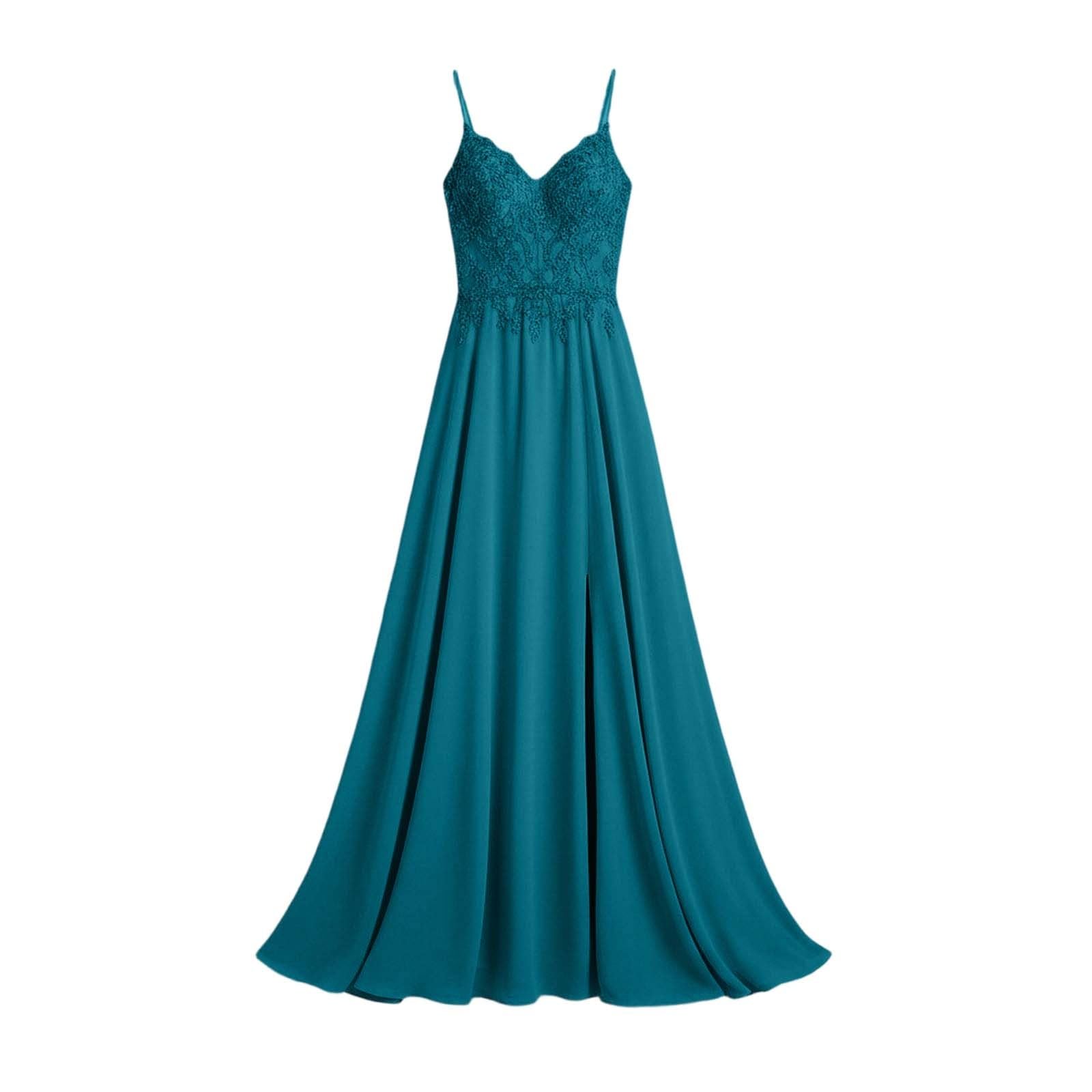 Chiffon-Abendkleider mit langem -Ausschnitt, Spitzenapplikationen, Elegantes Brautjungfernkleid, A-Linien-Abendkleid mit Schlitz