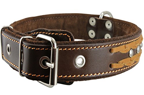 Genuine Leather Braided Studded Dog Collar, Brown 1.5" Wide. Fits 17"-22" Neck. #TOP4