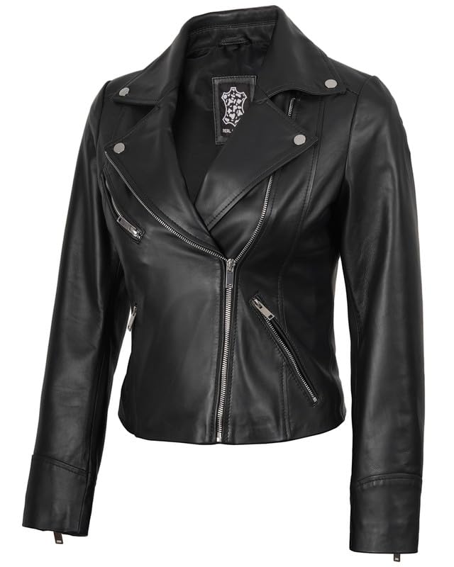 Blingsoul Womens Real Leather Jacket - Asymmetrical Leather Jackets for Women