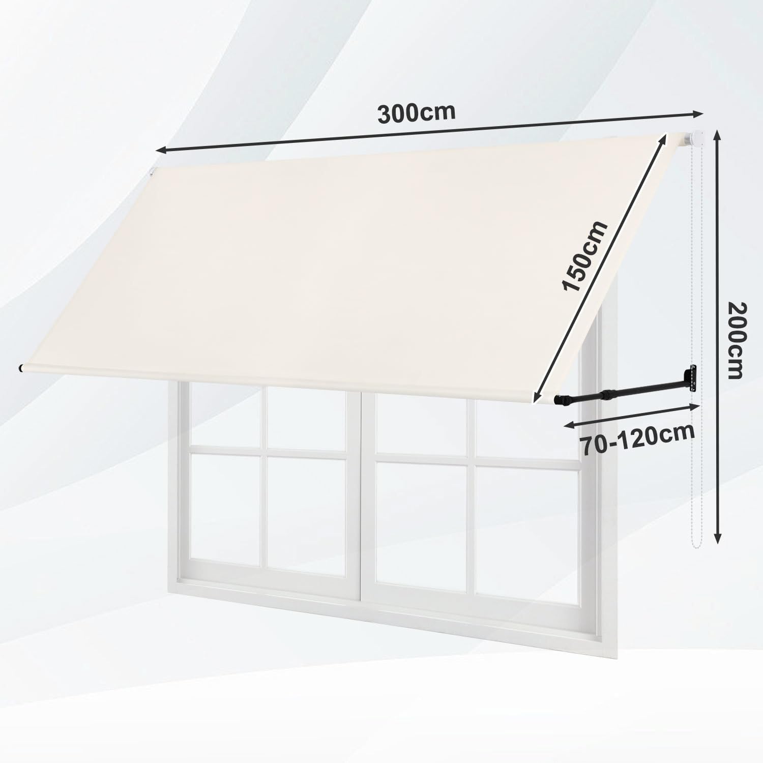 Markiza z ramieniem spadowym, zwijana, 300 x 150 cm, ramię podporowe 70-120 cm, regulowana, 2 m łańcucha perełkowego, montaż na ścianie, ochrona przed słońcem i wiatrem, na balkon, taras, do