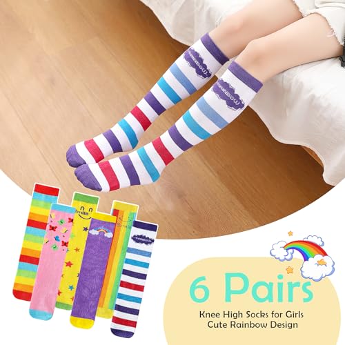 PHOGARY 6 Pairs Girls Knee High Socks, Cute Socks Colorful Cartoon Animal Warm Cotton Socks Crazy Funny Kids Odd Socks Mid Calf Long Boot Socks for 3-12 Years Girls, One Size (Rainbow)2