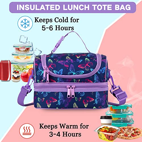 VASCHY Insulated Lunch Bag for Girls Portable Lunch Bag Separate Compartments Reusable Lunch Handbag with Adjustable Shoulder Strap for School and Picnic (Purple Butterfly) - Image 4