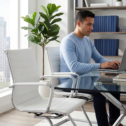 Image of Conference Room Chairs Set of 8, Waiting Room Chairs with Arms, Faux Leather Reception Chairs No Wheels, Office Guest Chairs with Mid Back Support and Chrome Sled Base, White
