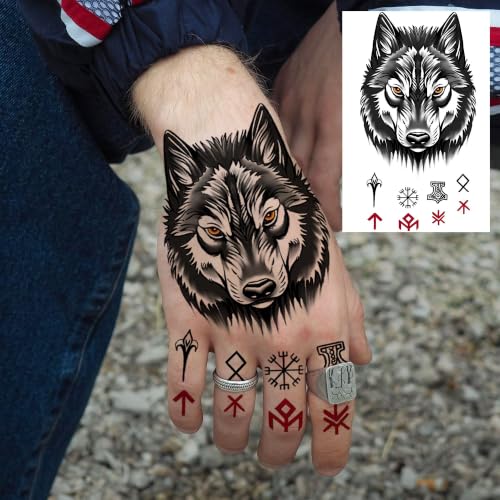Image of Bilizar 16 Sheets Cool Black Totem Viking Symbol Temporary Tattoos For Men Women Adults Neck Hand Tattoo Sticker, Realistic Wolf Thorns Rose Fake Tattoos Finger Decals Waterproof Long Lasting Body Art
