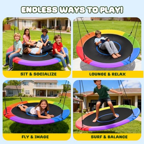 Image of Trekassy 60 inch Large Saucer Tree Swing for Kids Adults 900D Oxford Waterproof with 2pcs Hanging Straps-Rainbow