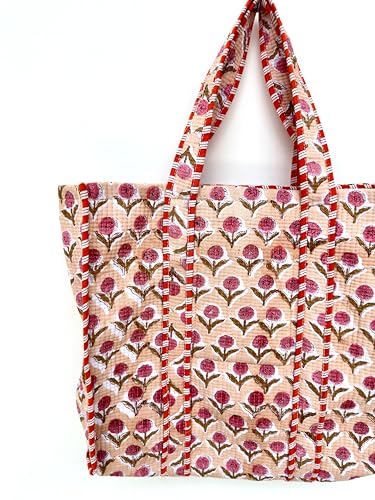 Image of Quilted Cotton Handprinted Reversible Large multicolor Floral Tote Bag,Hand Block Print Shopping Shoulder Carry Bag