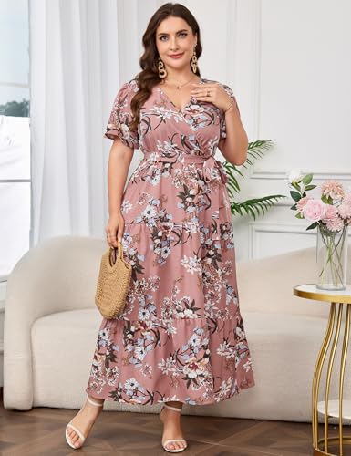 Image of ShopWonder Womens Plus Size V Neck Wrap Maxi Dress High Waist Ruffle Summer Casual Dress with Belt
