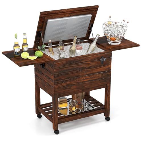 Tangkula Rolling Wooden Patio Cooler Cart, 54 Quart Outdoor Ice Chest Cooler Cart with 2 Drop Leaf Tables, Bottle Opener & Lockable Wheels, Beverage Bar Cart for Poolside, Backyard, Party, BBQ (Brown)