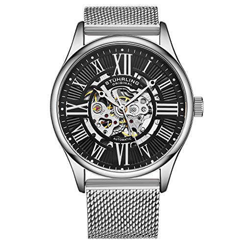 Stuhrling Original Reloj mecánico de cuerda automática para hombre con correa de malla de acero inoxidable, Silver/Black, reloj mecánico, automático, Silver/Black, reloj mecánico, Plateado/Negro