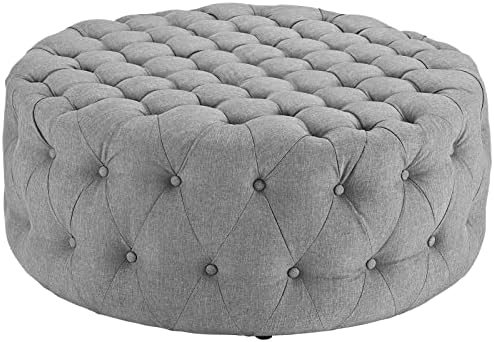 Modway Amour Fabric Upholstered Button-Tufted Round Ottoman in Light Gray