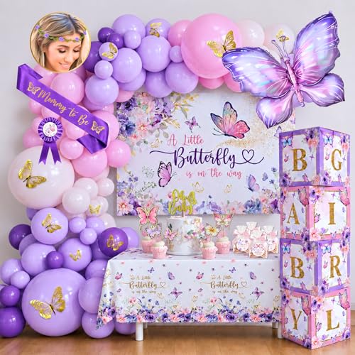 195 Pc Premium Butterfly Baby Shower Decorations for Girl with Pink and Purple Butterfly Balloon Arch Kit, Baby Girl Boxes, Backdrop, Tablecloth, Sash, Cake and Cupcake Toppers, Crown and more