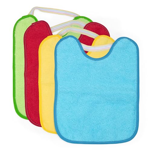 Pack 4 Baberos Con Goma Elástica - Rizo De Algodón 90 Y Poliéster 10 - Impermeables, Suaves Y Absorbentes - Forro De Vinilo - Fácil Lavado Y Secado - Ideal Guardería Y Bebés - De 6 A 12 Meses
