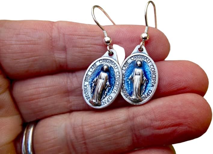 Miraculous Medal Earrings, 3/4 Inch Latin Miraculous Medal, Our Lady of Grace Earrings, Sterling Silver fishhook earrings, Confirmation Gift