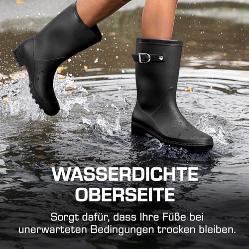 DREAM PAIRS Damen Gummistiefel Hohe Regenstiefel mit verstellbarer Schnalle und niedrigem Absatz,Size 39,Schwarz,SDRB2408W-E