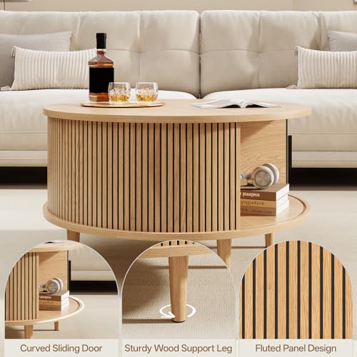 Image of Round Coffee Table with Storage, Mid Century Modern Coffee Table, Fluted Dining Table with Sliding Door, Circle Coffee Table for Living Room Home Office, 31.5 inch, Oak