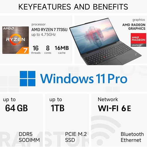 Image of Lenovo ThinkPad E16 Gen 2 Business Laptop, 16 inch FHD+ Anti-Glare Touchscreen, AMD Ryzen 7 7735U, 64GB DDR5, 1TB SSD, Wi-Fi 6E, Fingerprint, Backlit, Webcam, Windows 11 Pro
