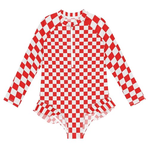 Girls One Piece Swimsuits Long Sleeve Swimsuit Zipper Bathing Suits Red White Checkered Buffalo Plaid