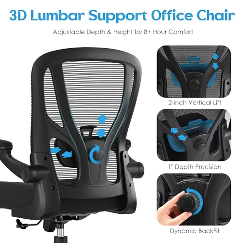 Office Chair Ergonomic Desk Chair - Mesh Computer Chair Breathable Task Chair with Wheels Adjustable Lumbar Support Home Desk Office Chairs with Flip up Armrest Executive Rolling Swivel Black - Image 5