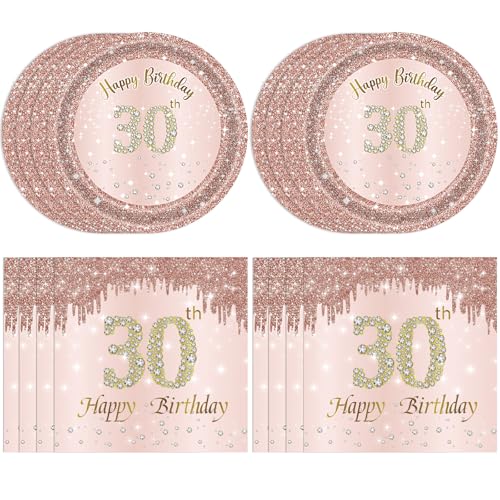 Juhap 30th Birthday Decorations for Women Rose Gold Thirty Year Old Party Supplies Include 20 Plates 20 Napkins Pink 30 Aged Birthday Party Tableware