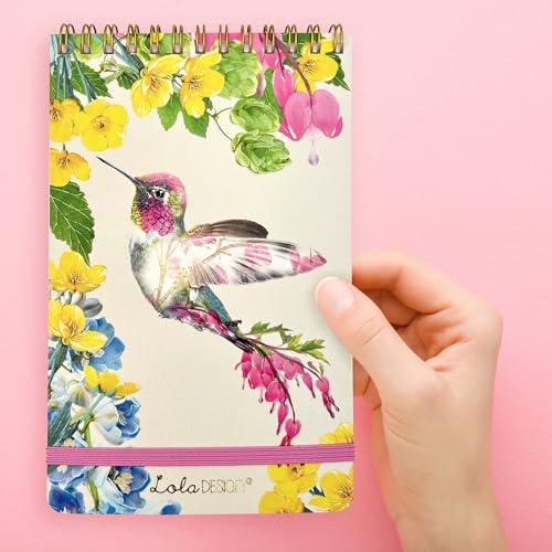 Lola Design - Top Spiral Notepad with Elastic Closure, Hummingbird Design - Perfect for Jotting Down Notes, Shopping Lists, Reminders - 185x120x10mm, 150 Tear-off Pages Lola Design - Top Spiral Notepad with Elastic Closure, Hummingbird Design - Perfect for Jotting Down Notes, Shopping Lists, Reminders - 185x120x10mm, 150 Tear-off Pages