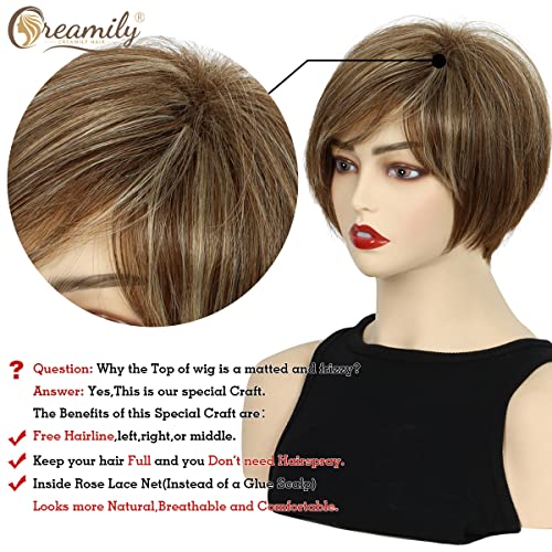 Creamily Short Brown Pixie Cut Wig Short Hair Wigs with Bangs Brown with Blonde Highlight Layered Fluffy Synthetic Hair Replacement Wig for Women Halloween Costumes Wigs - Image 2